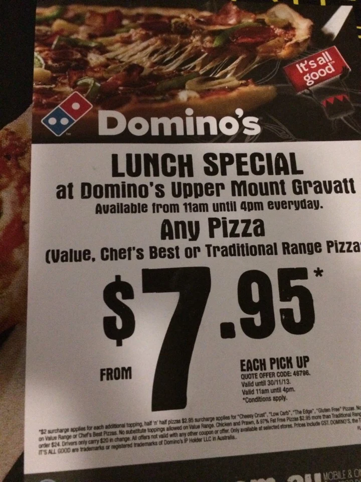 Menu, Domino's Pizza Upper Mount Gravatt