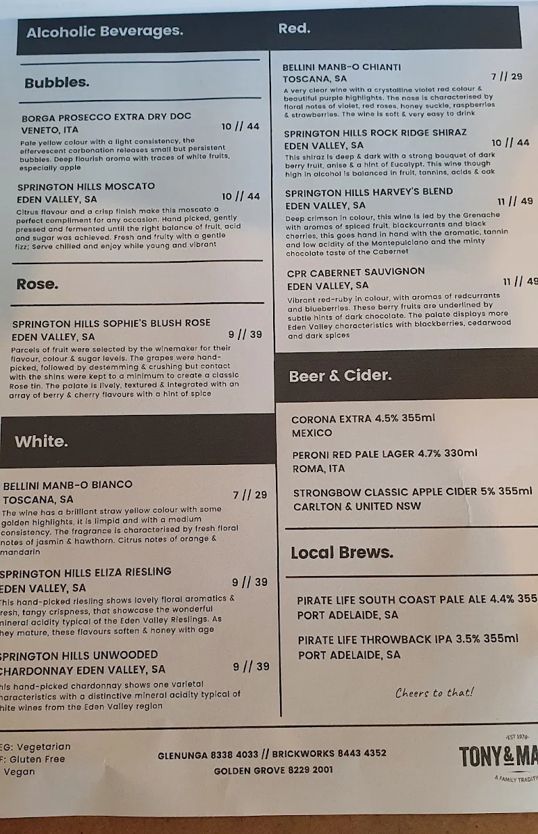 Menu, Oar Glenunga