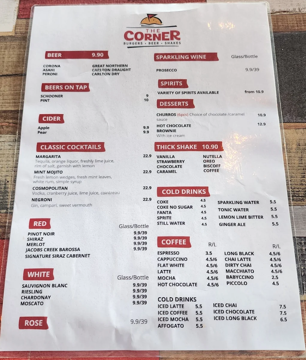 Menu, The Corner Burgers Beer Shakes