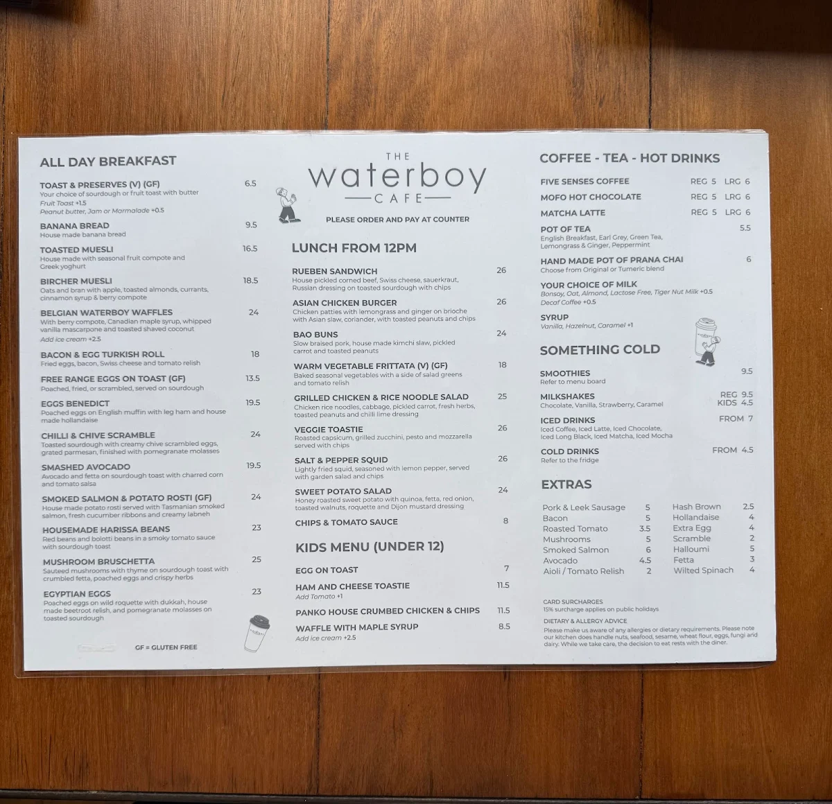 Menu, The Waterboy Cafe