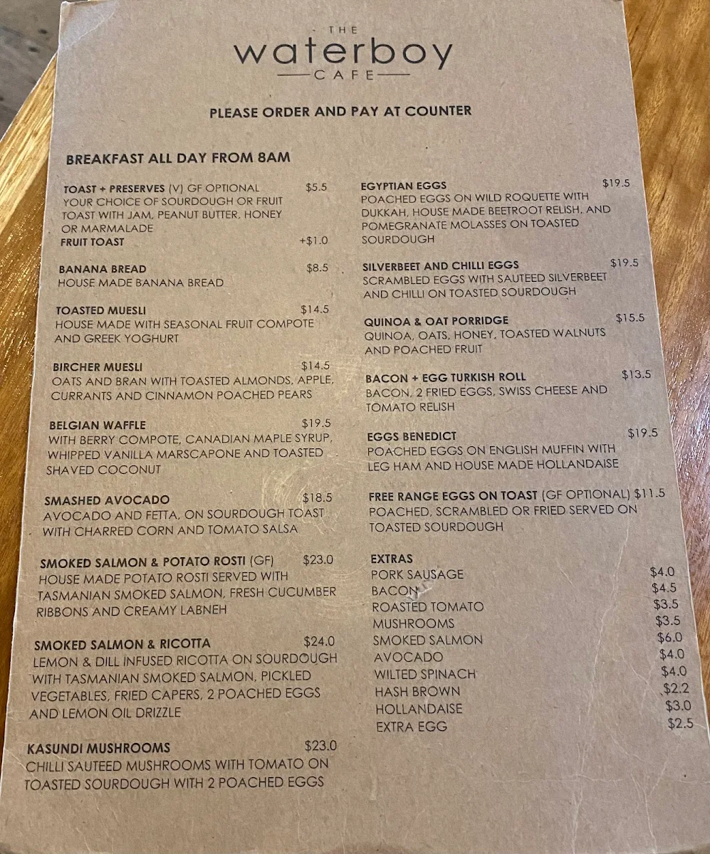 Menu, The Waterboy Cafe