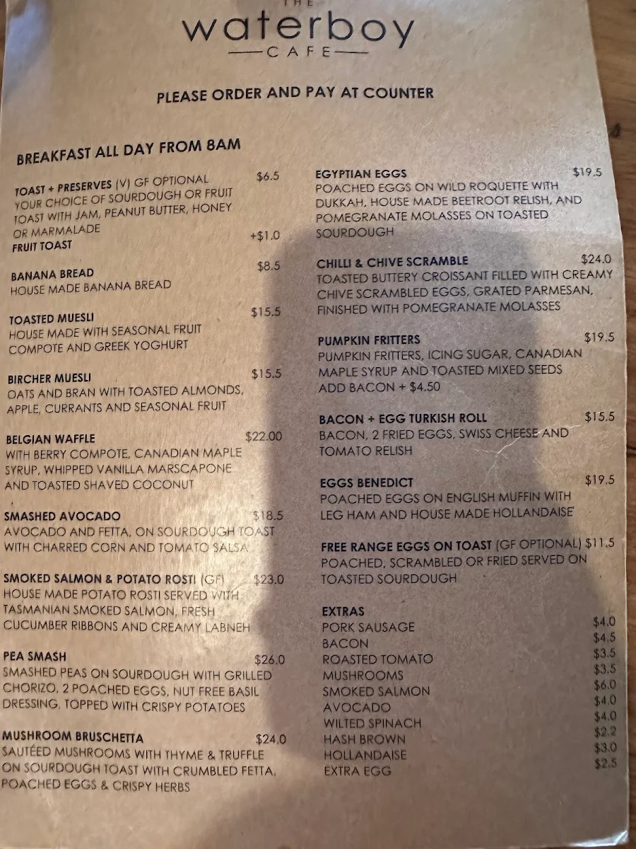 Menu, The Waterboy Cafe