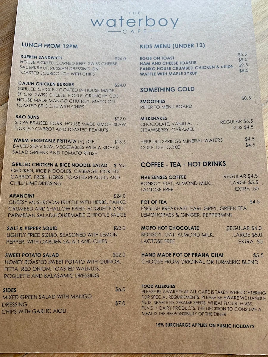 Menu, The Waterboy Cafe