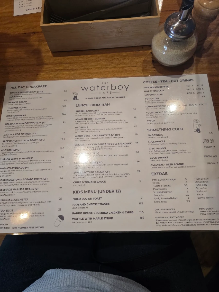 Menu, The Waterboy Cafe