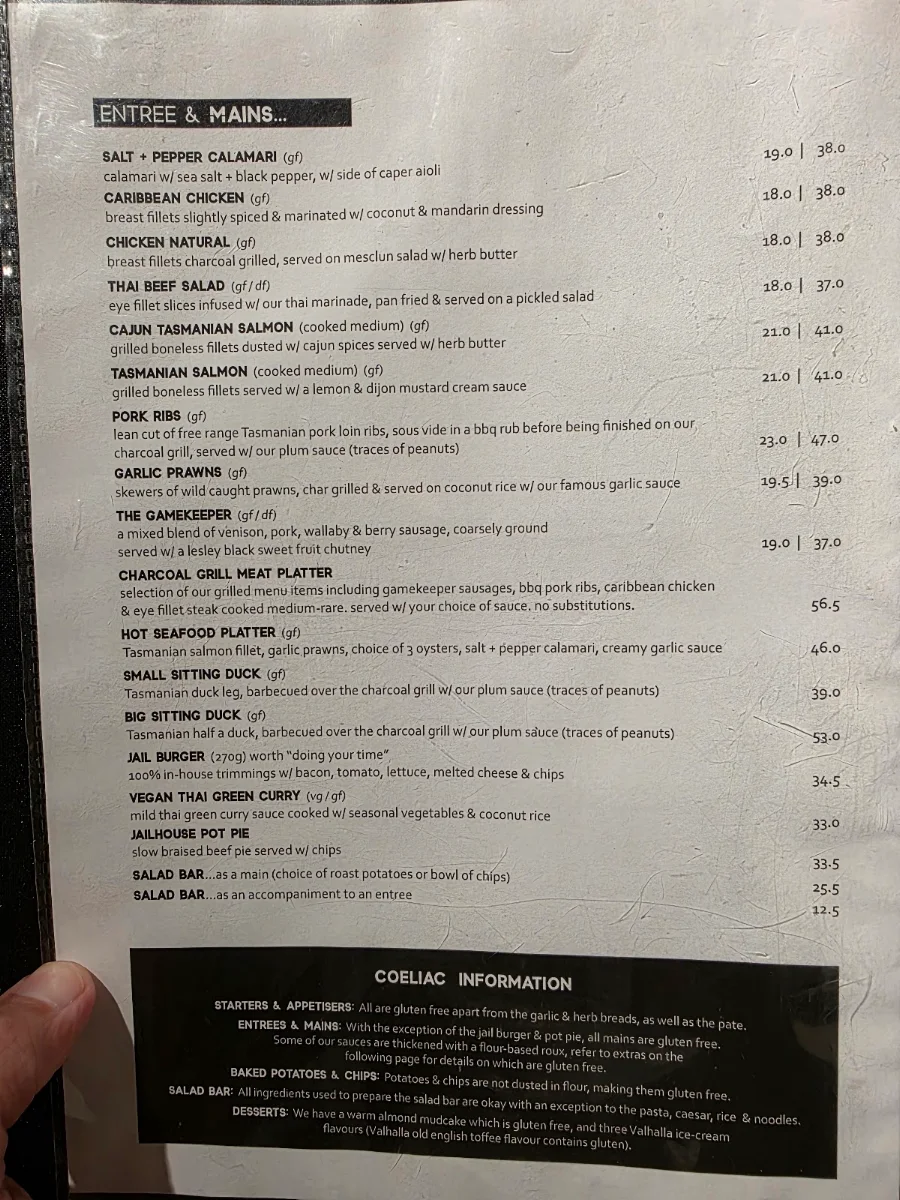 Menu, Jailhouse Grill