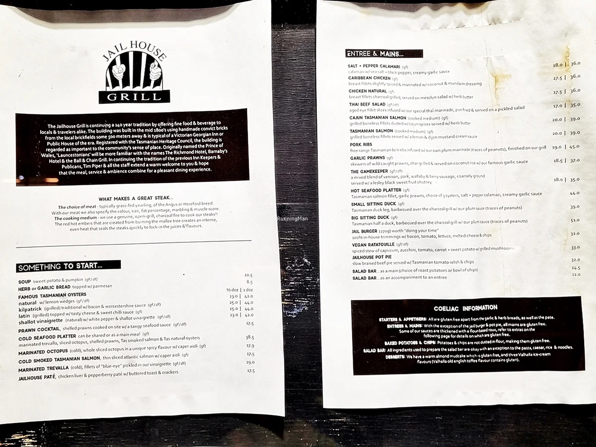 Menu, Jailhouse Grill