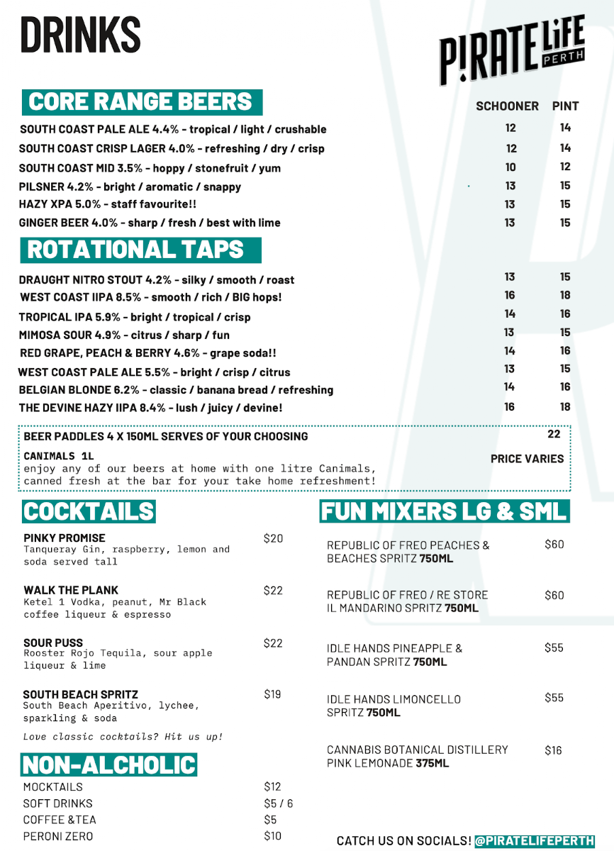 Menu, Pirate Life Perth