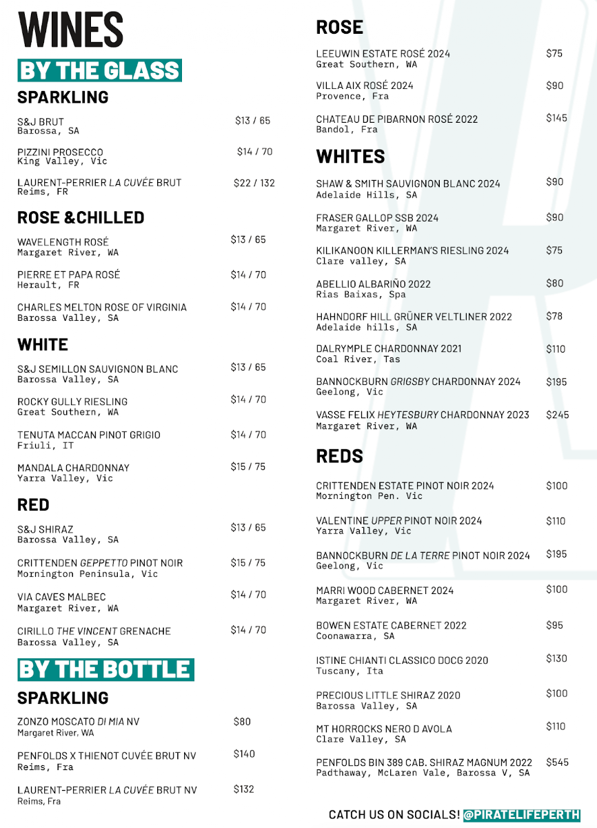 Menu, Pirate Life Perth