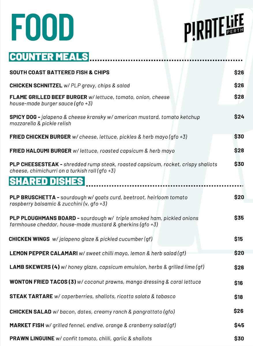Menu, Pirate Life Perth