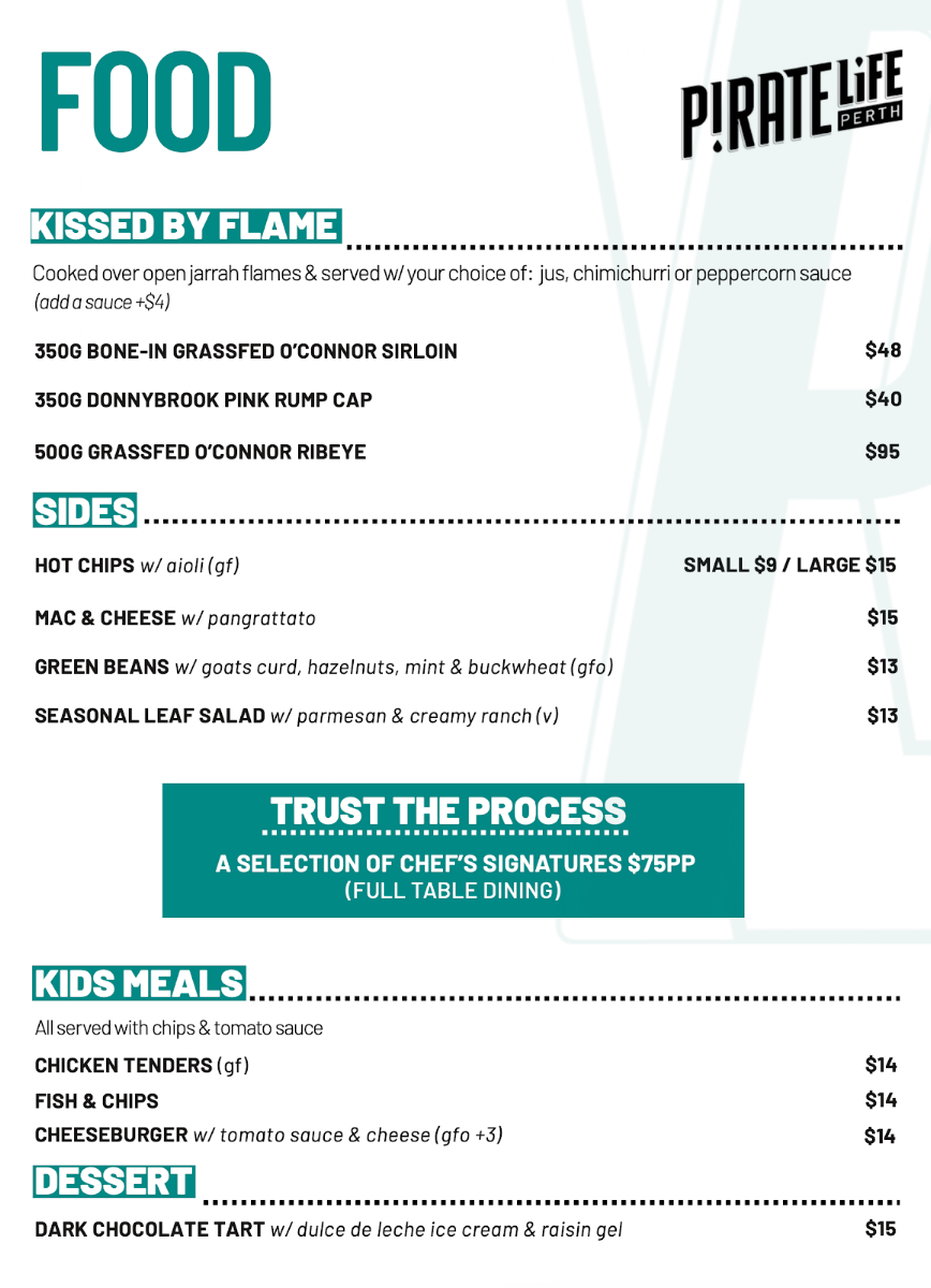 Menu, Pirate Life Perth