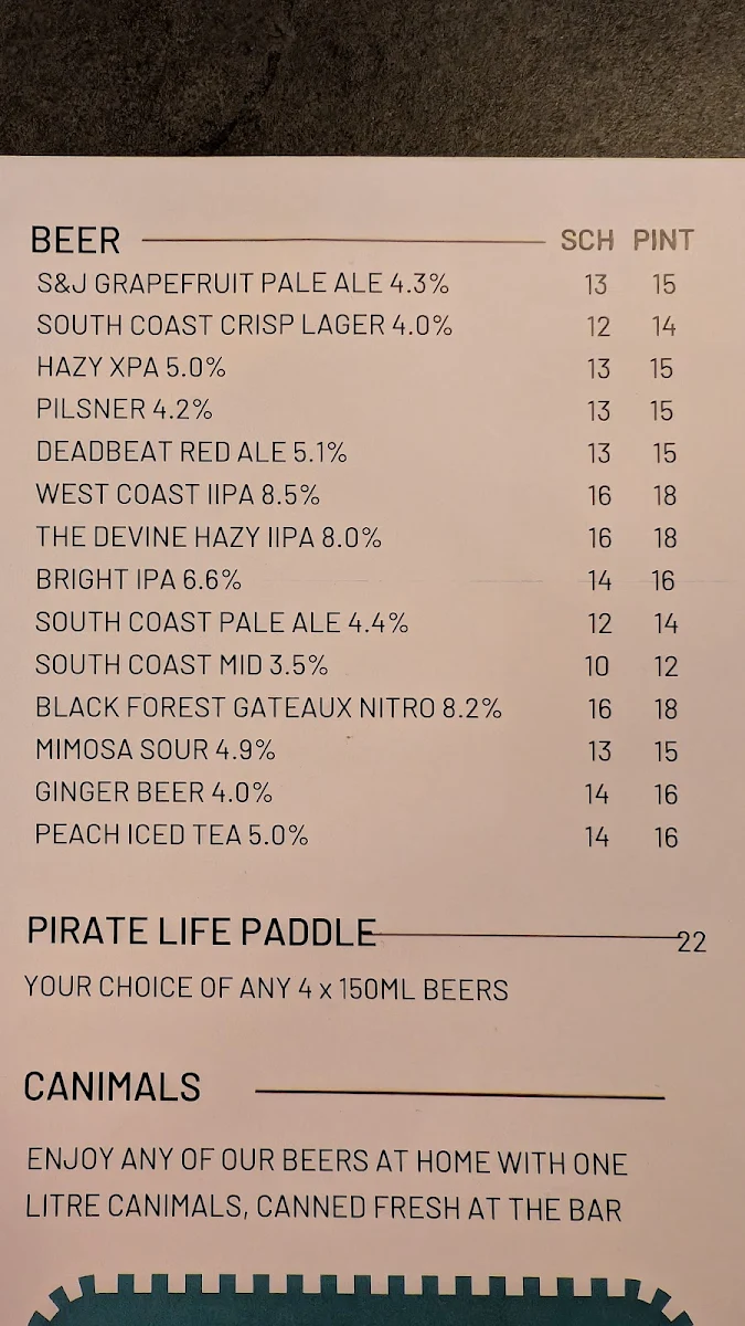 Menu, Pirate Life Perth