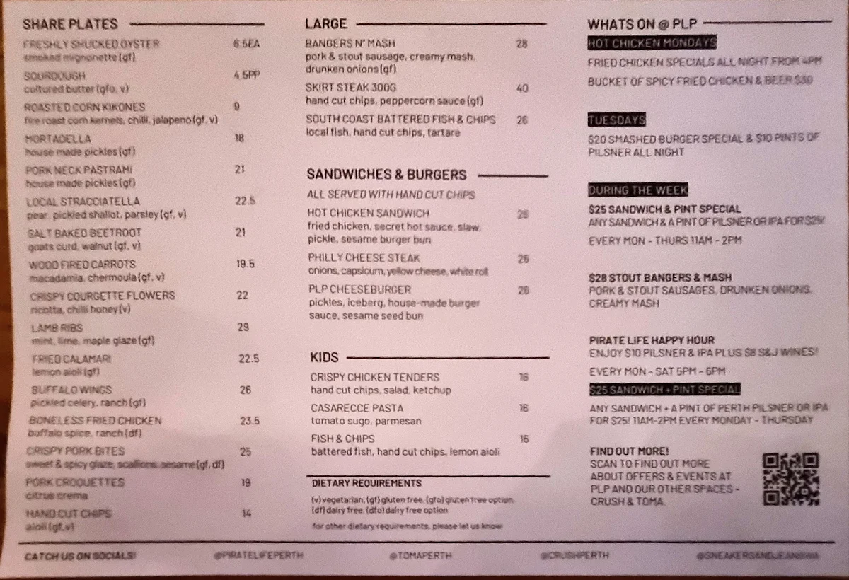 Menu, Pirate Life Perth