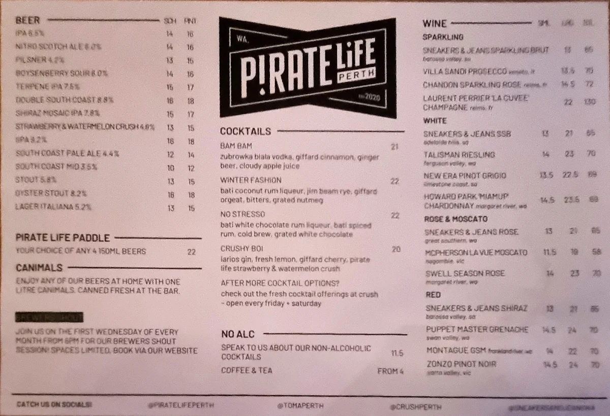 Menu, Pirate Life Perth