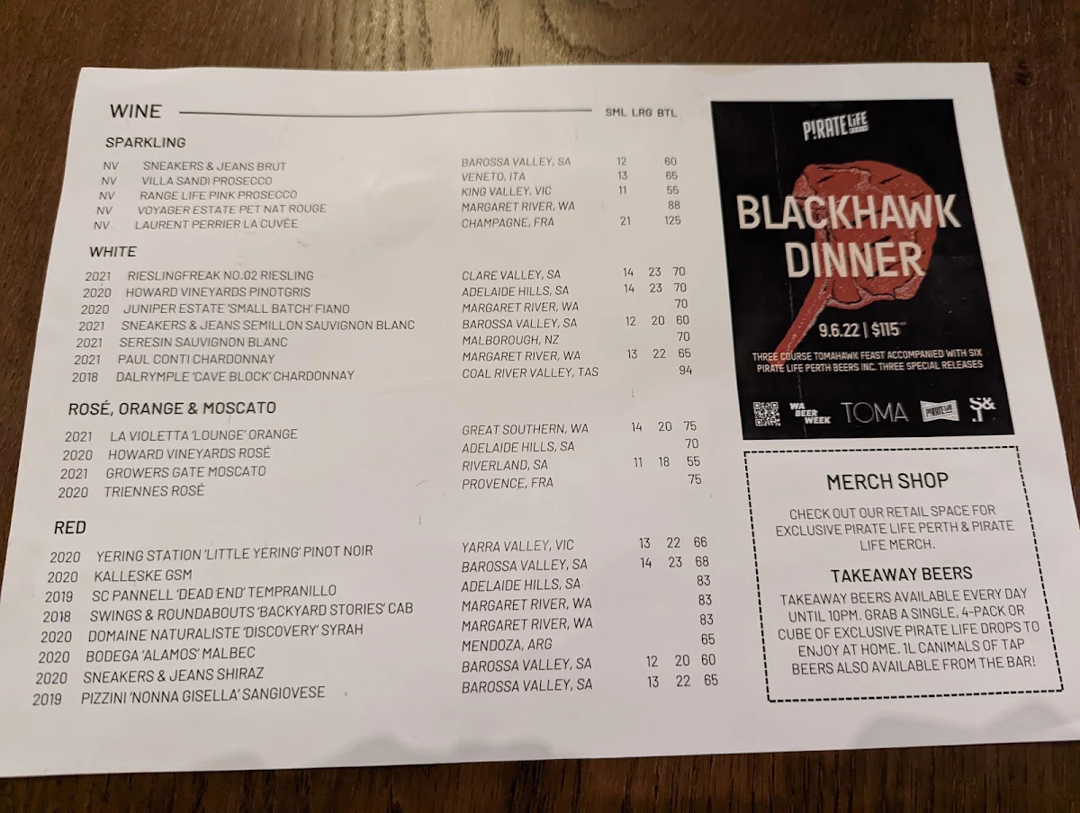 Menu, Pirate Life Perth