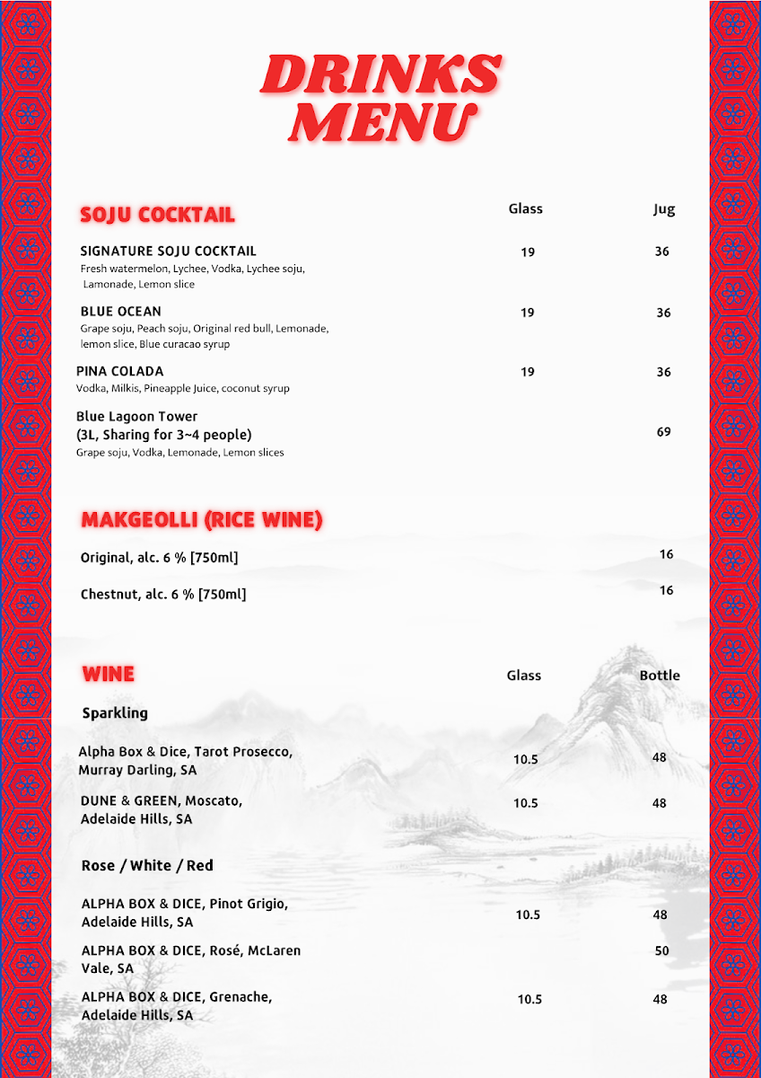 Menu, Plus 82 Pocha Korean restaurant