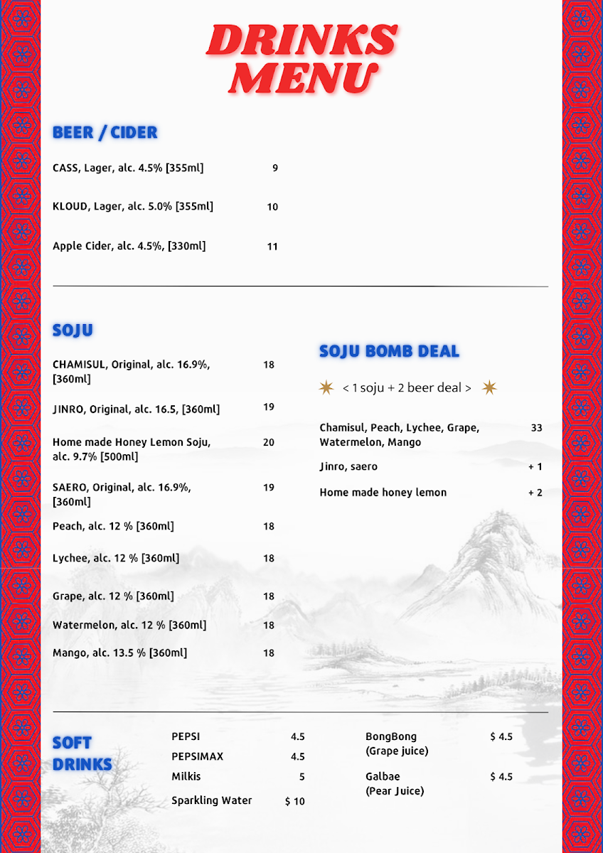 Menu, Plus 82 Pocha Korean restaurant