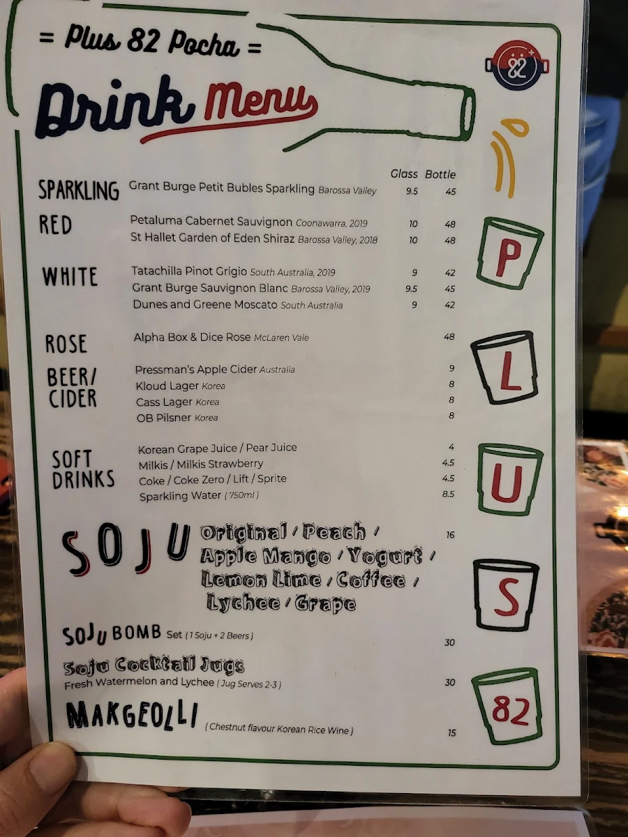 Menu, Plus 82 Pocha Korean restaurant