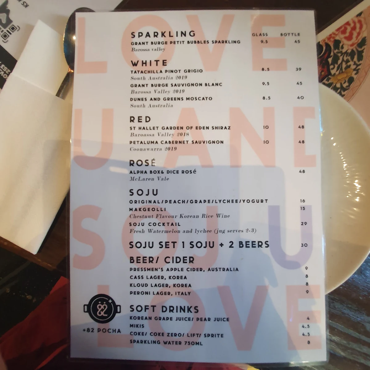 Menu, Plus 82 Pocha Korean restaurant