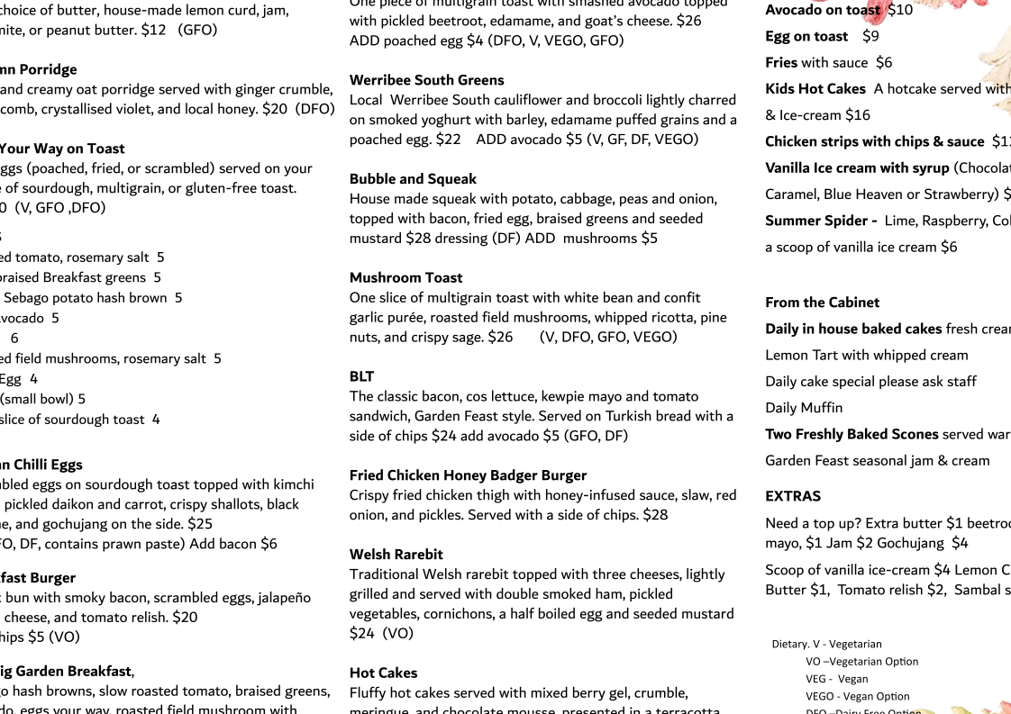 Menu, The Feasting Shed