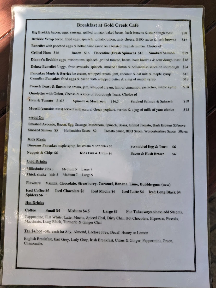 Menu, Gold Creek Cafe