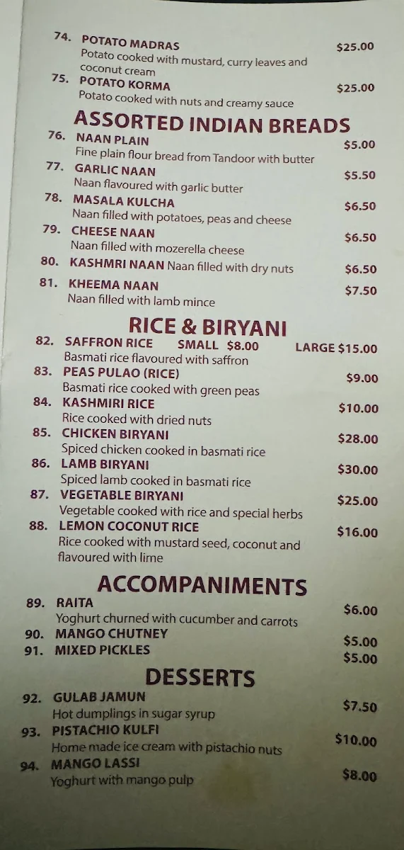 Menu, Grand Guru Indian Restaurant