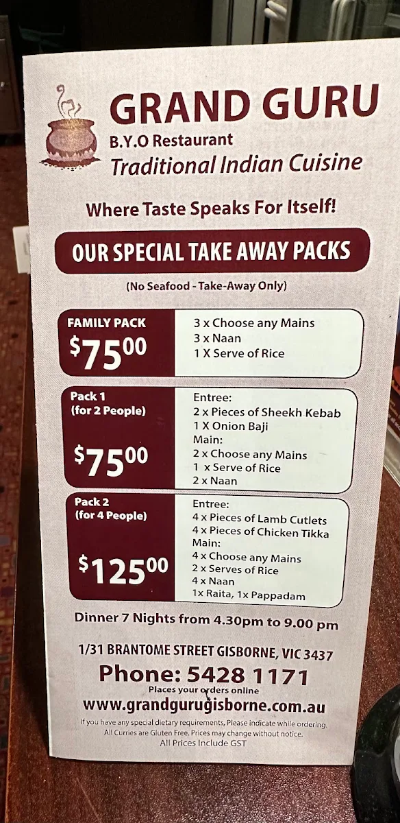 Menu, Grand Guru Indian Restaurant