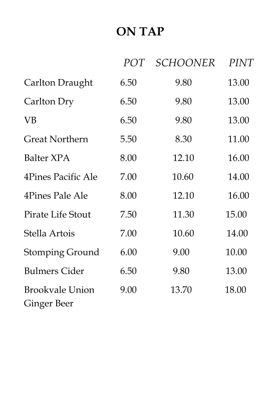 Menu, Exford Hotel