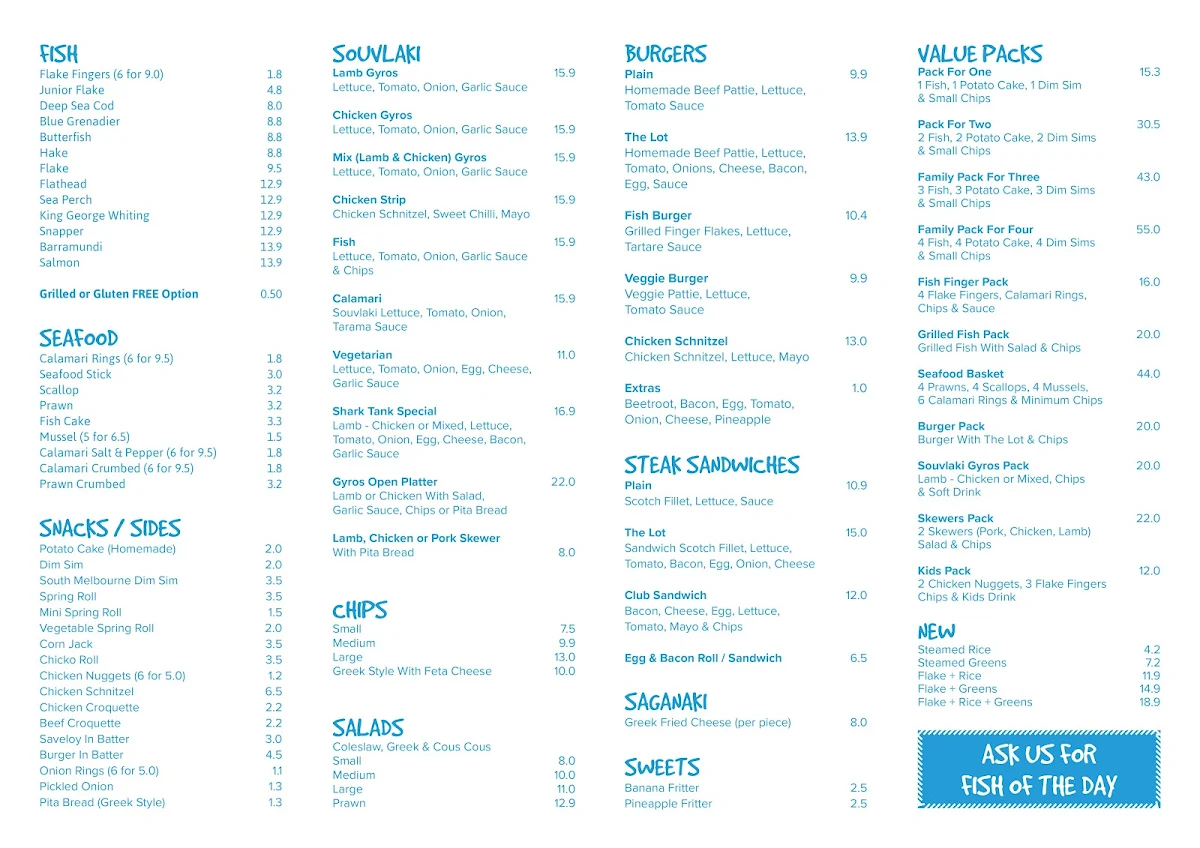 Menu, Shark Tank Seafood