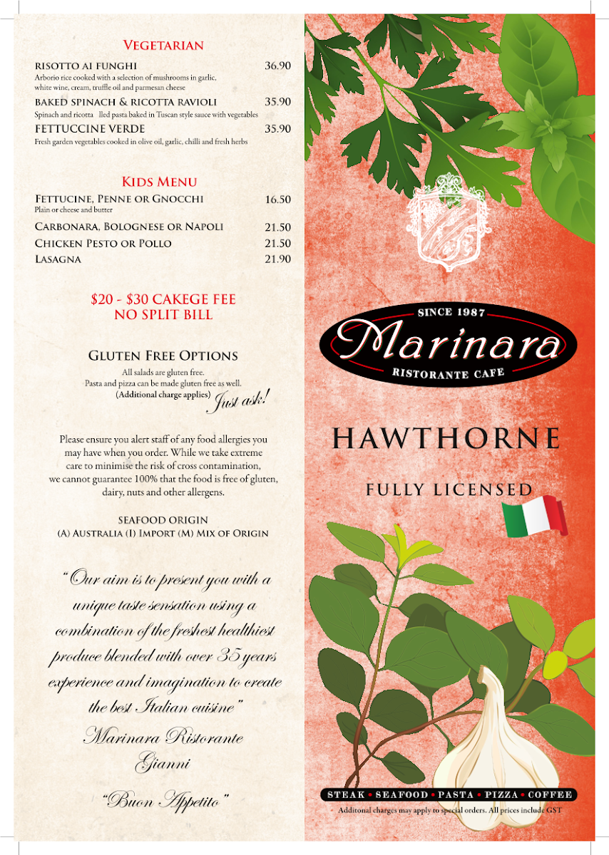 Menu, Marinara Restaurant