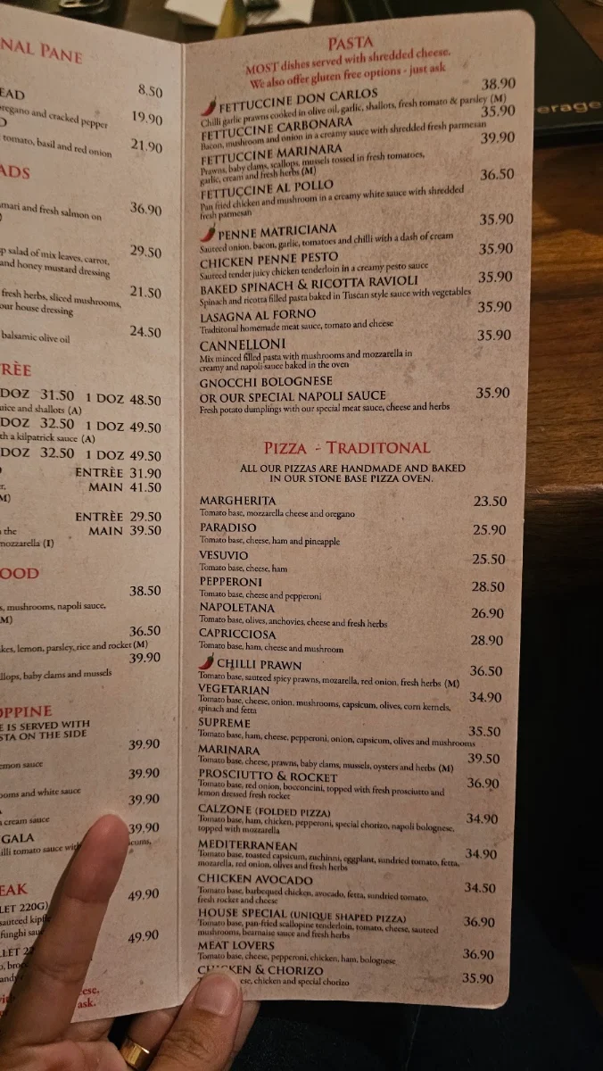 Menu, Marinara Restaurant