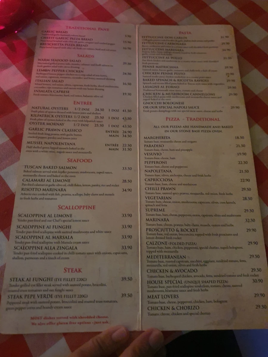 Menu, Marinara Restaurant