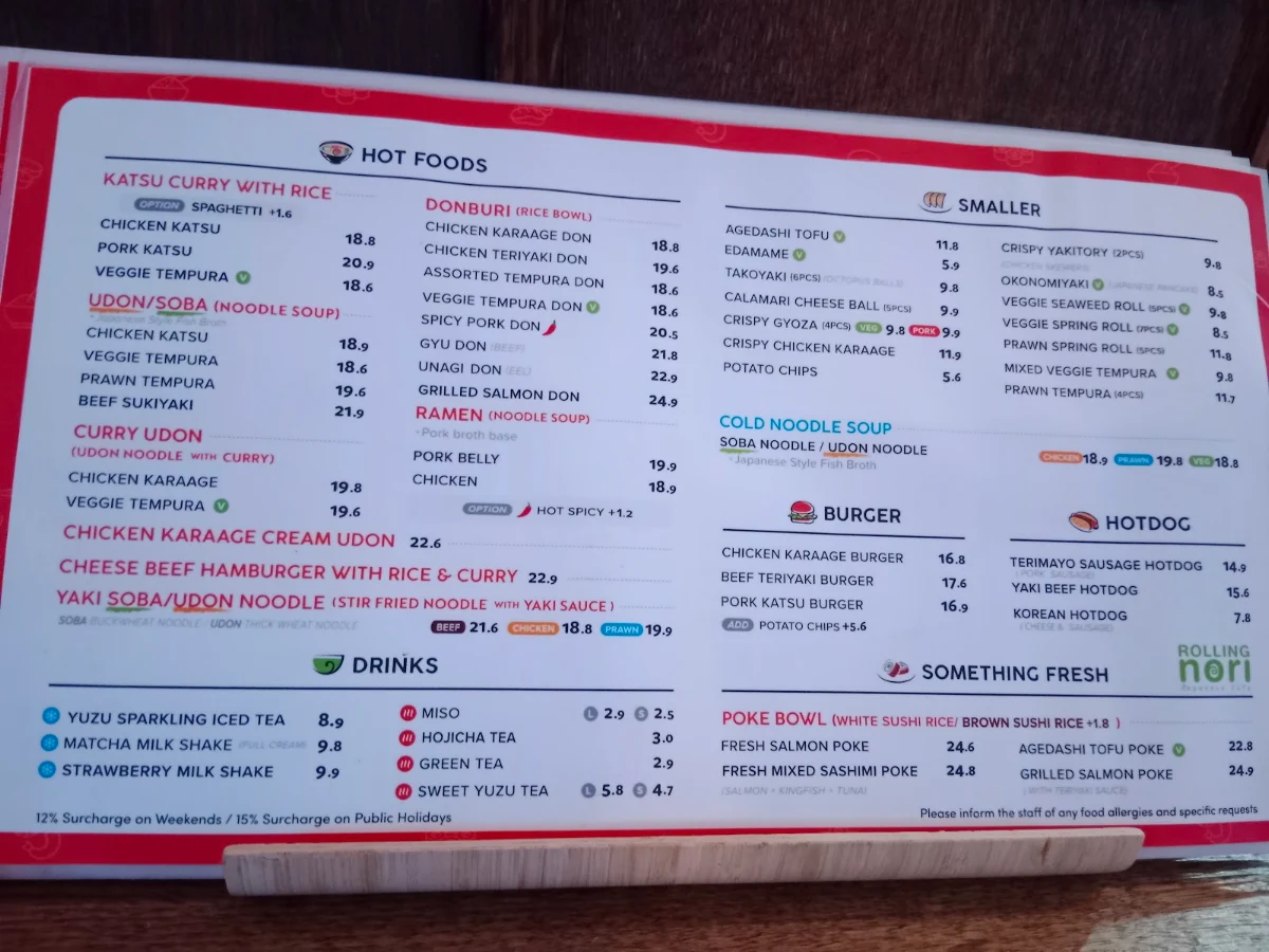 Menu, Rolling Nori Japanese Cafe