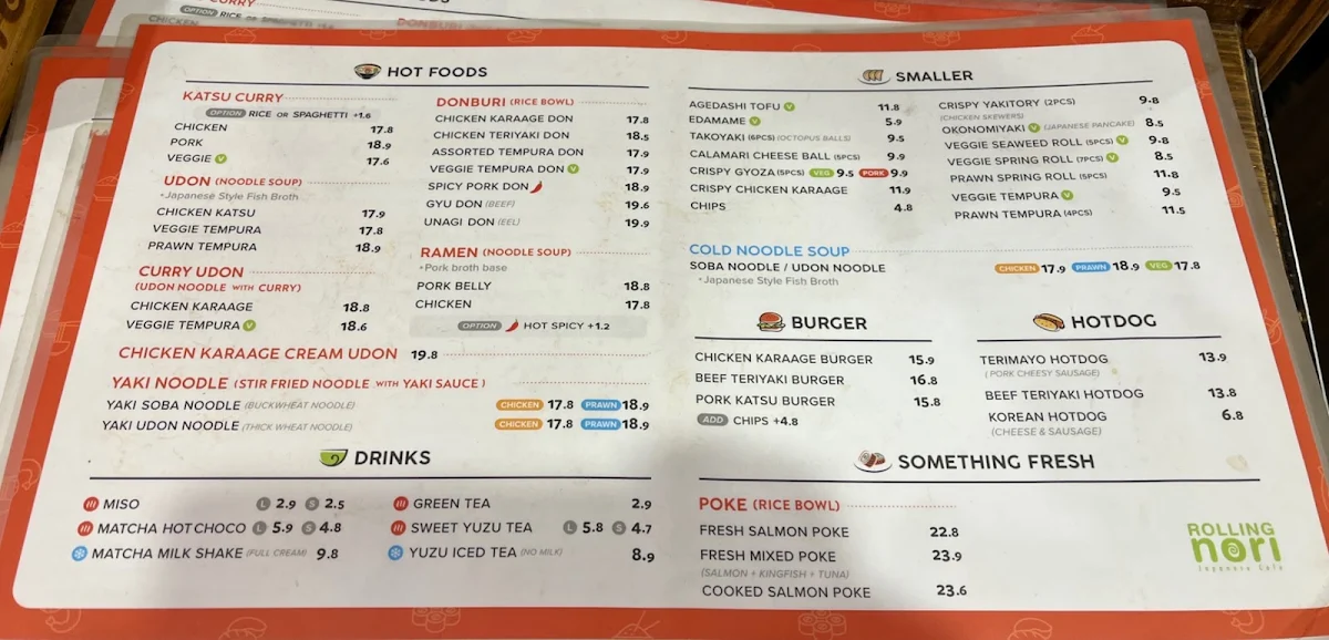 Menu, Rolling Nori Japanese Cafe