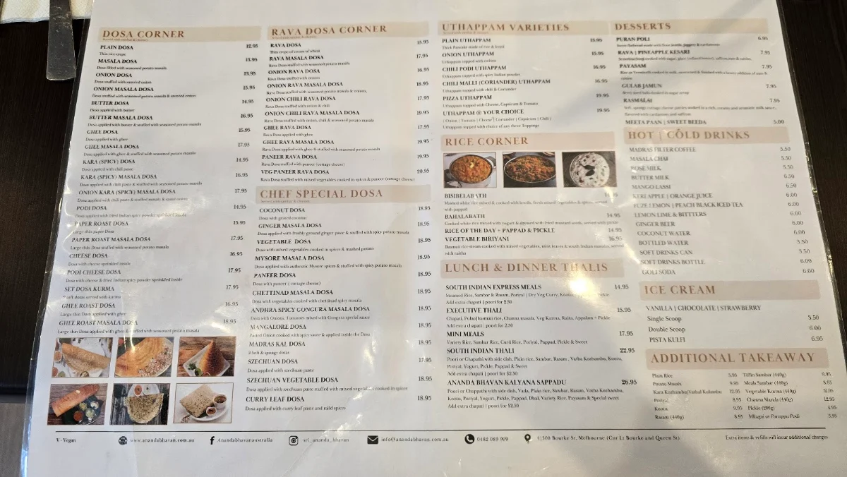 Menu, Sri Ananda Bhavan CBD