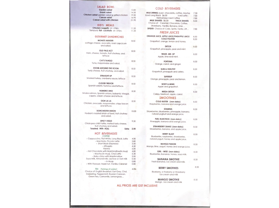 Menu, Hudsons of Dickson