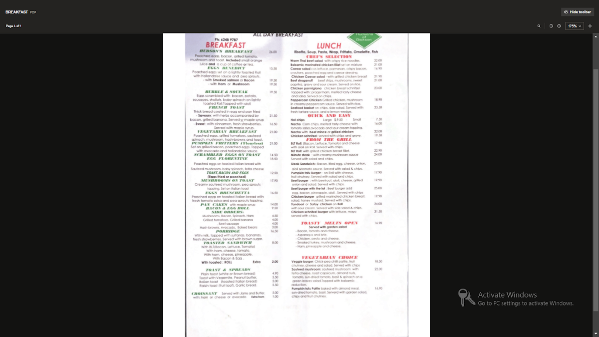 Menu, Hudsons of Dickson