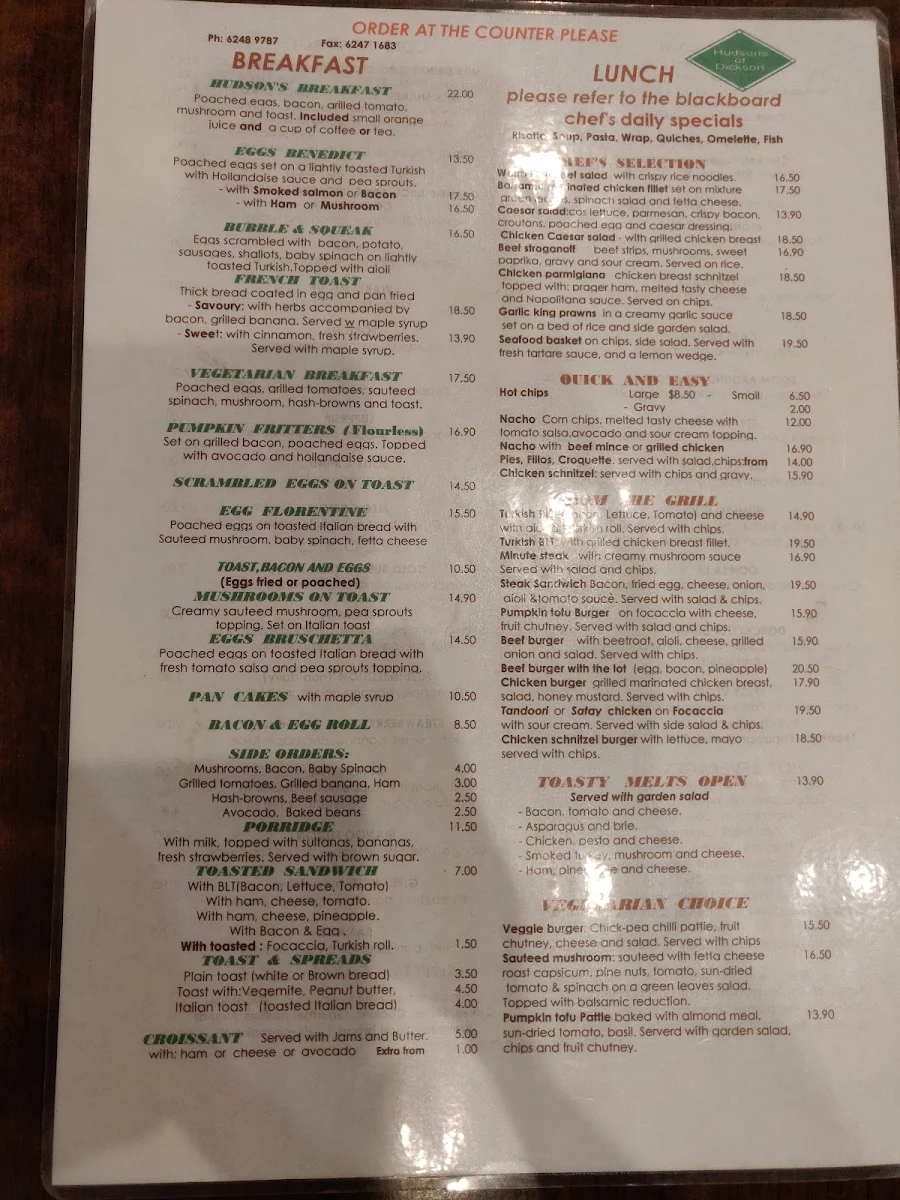 Menu, Hudsons of Dickson