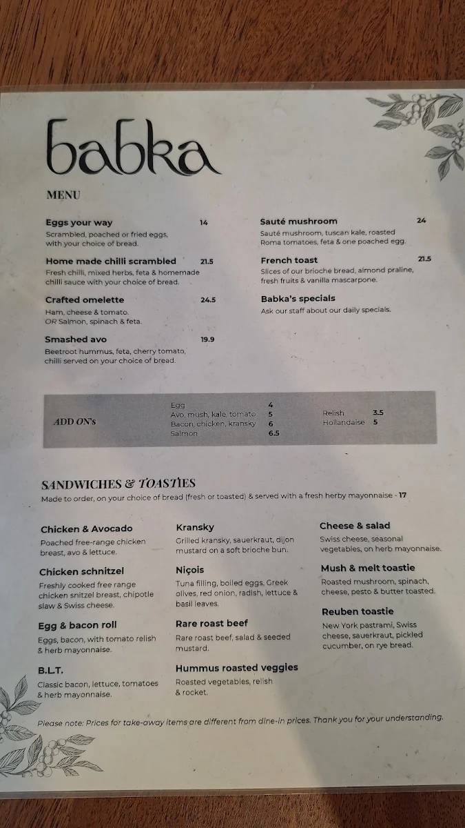 Menu, Babka Bakery Cafe