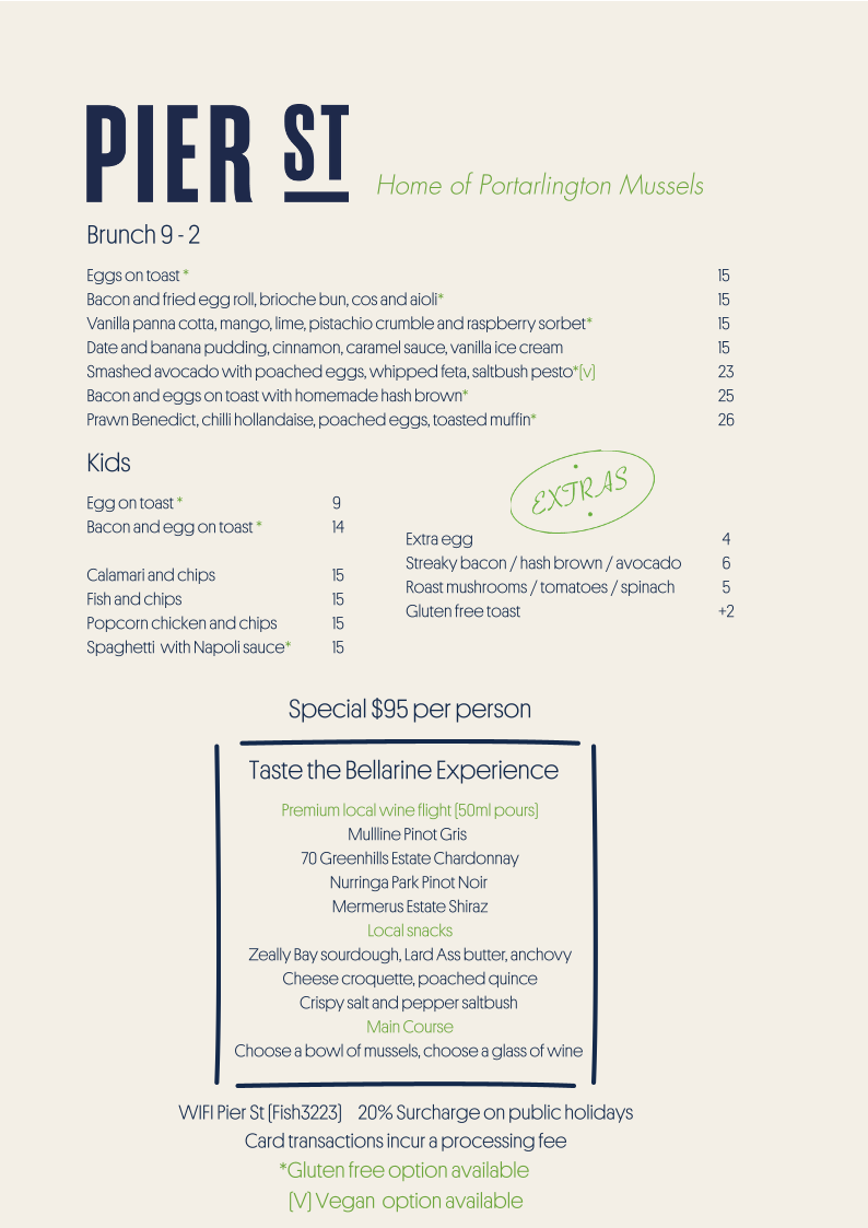 Menu, Pier Street