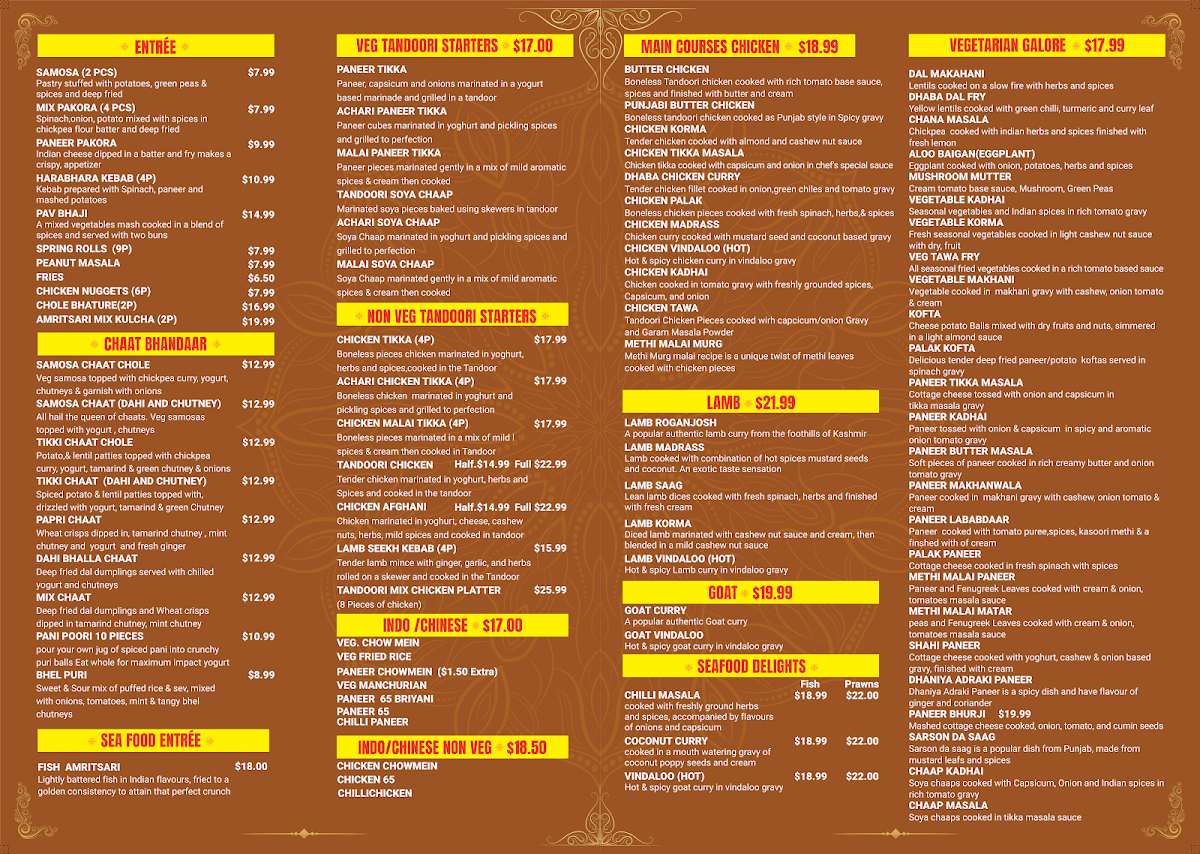 Menu, Indian Star Dhaba