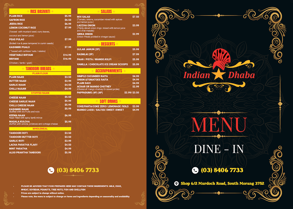 Menu, Indian Star Dhaba