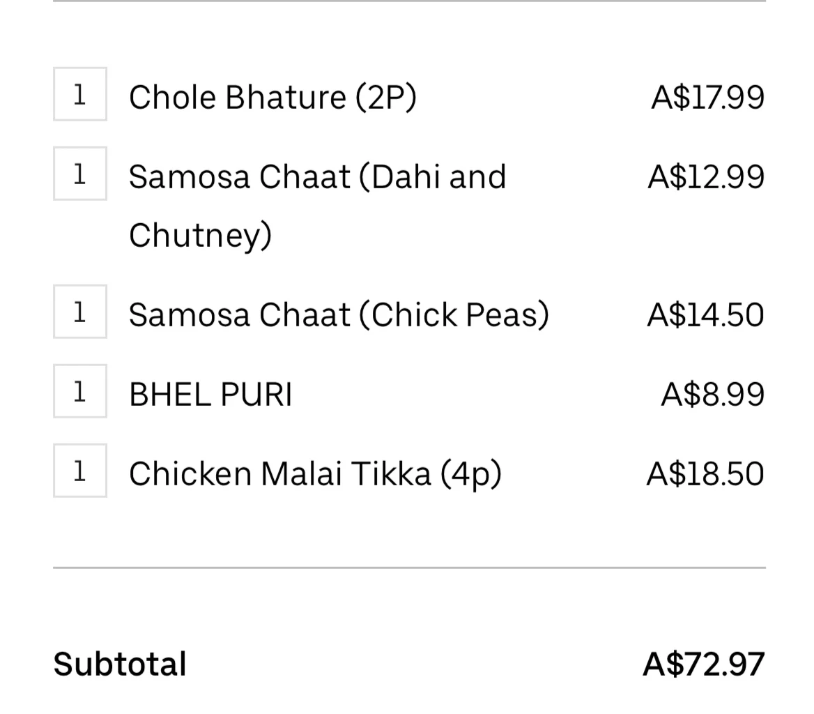 Menu, Indian Star Dhaba