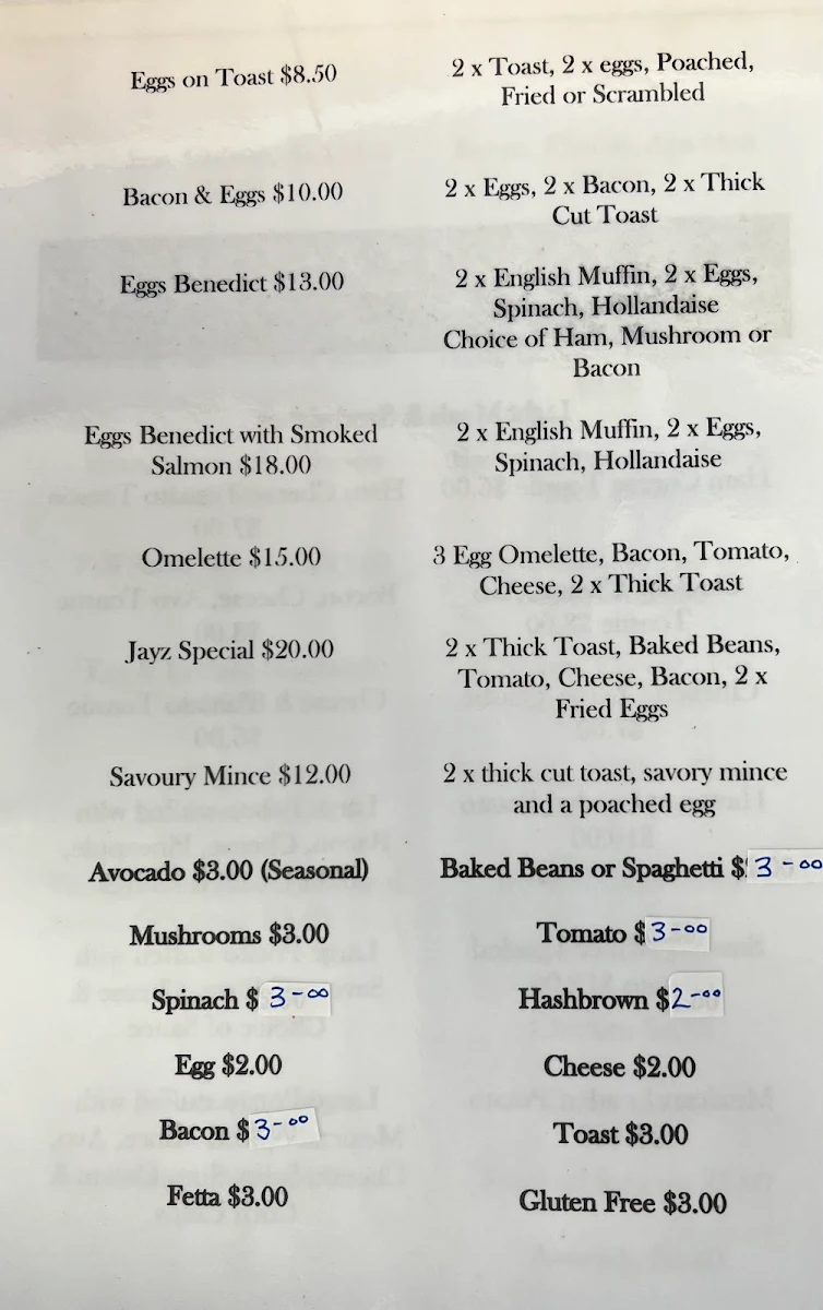 Menu, Beanz At The Bay