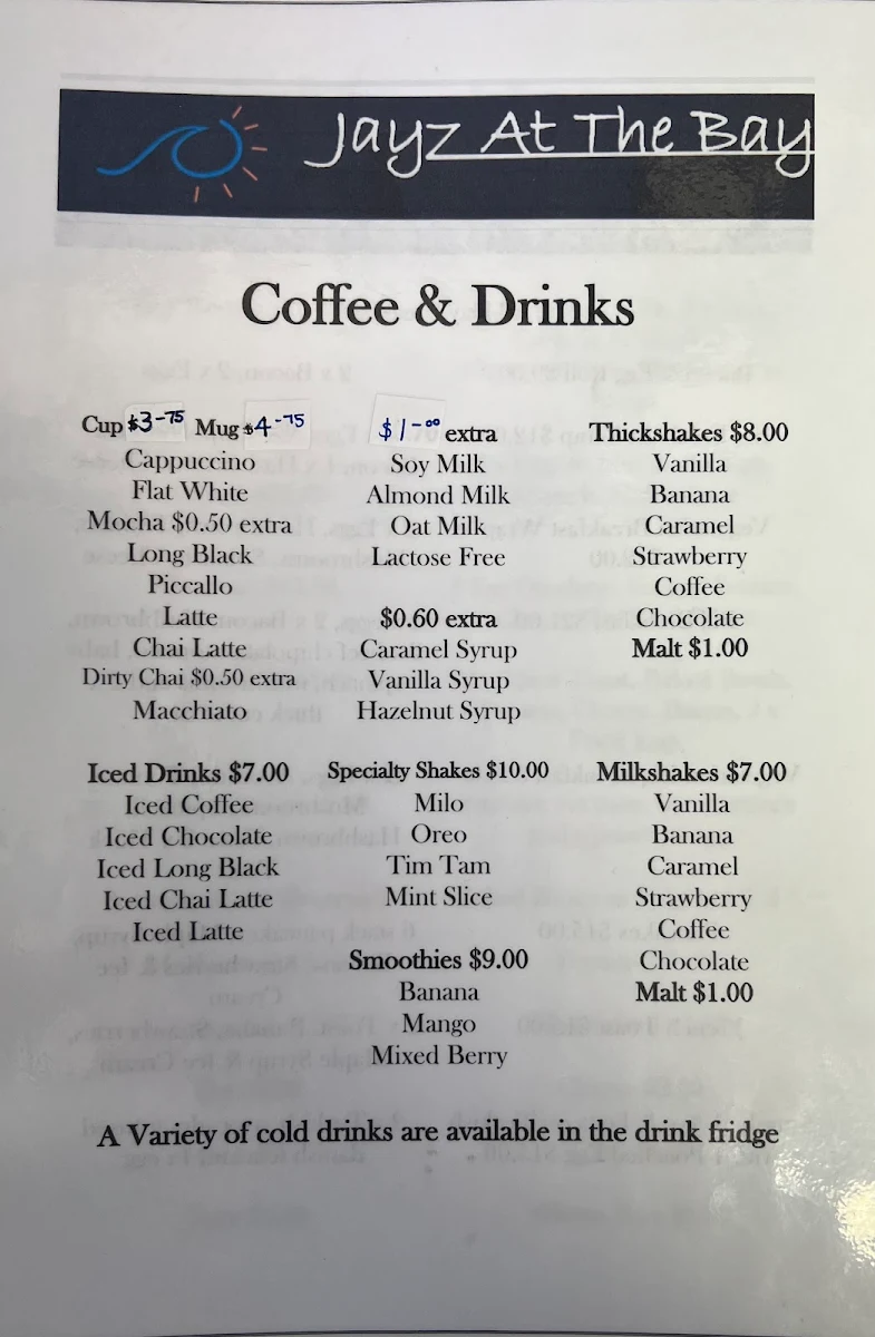 Menu, Beanz At The Bay