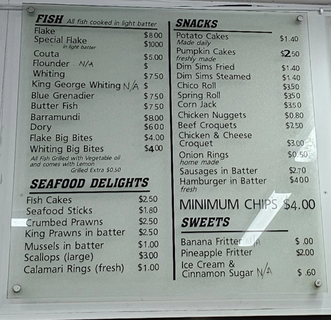 Menu, Pascoe Vale Seafoods