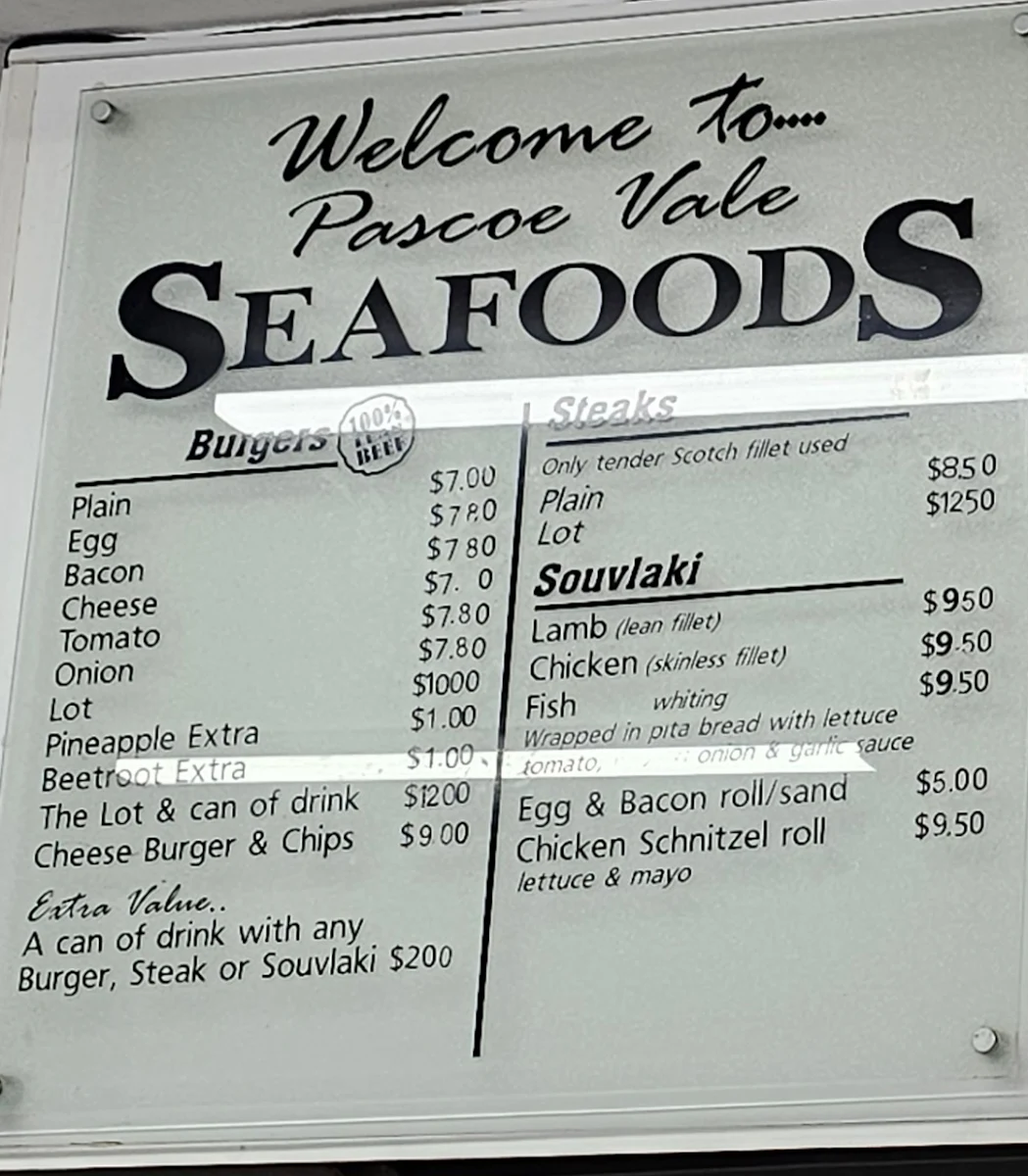 Menu, Pascoe Vale Seafoods