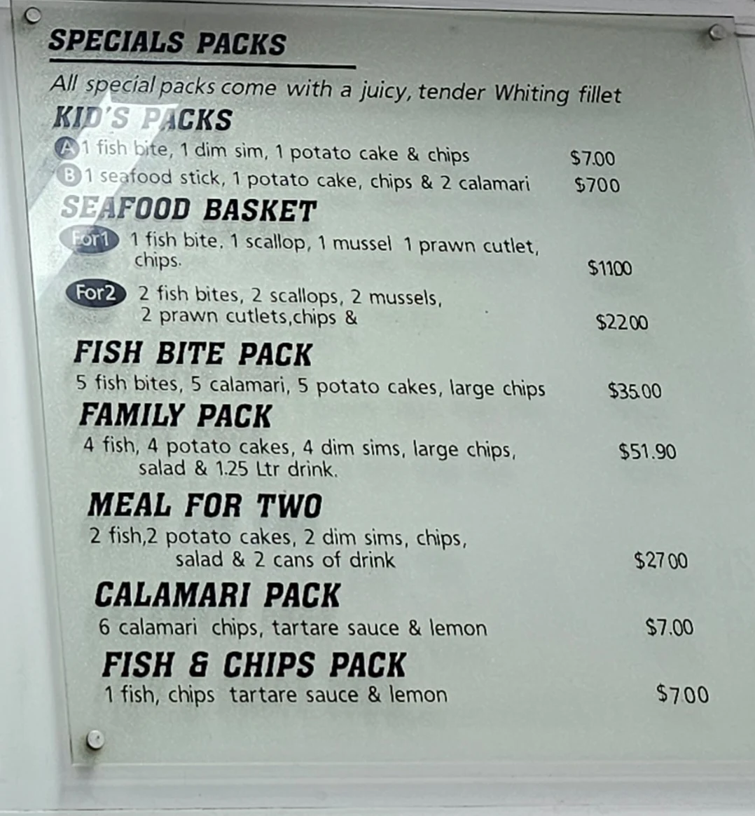 Menu, Pascoe Vale Seafoods