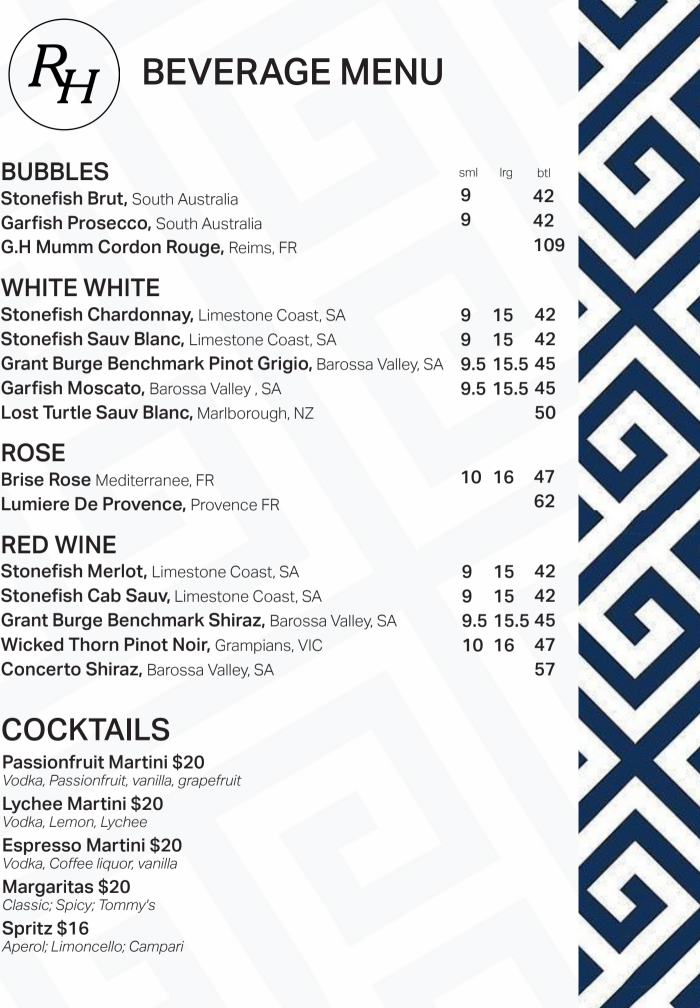 Menu, Riverview Hotel Tempe