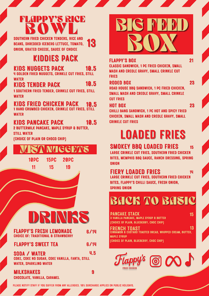 Menu, Flappy’s Fried Chicken Miranda