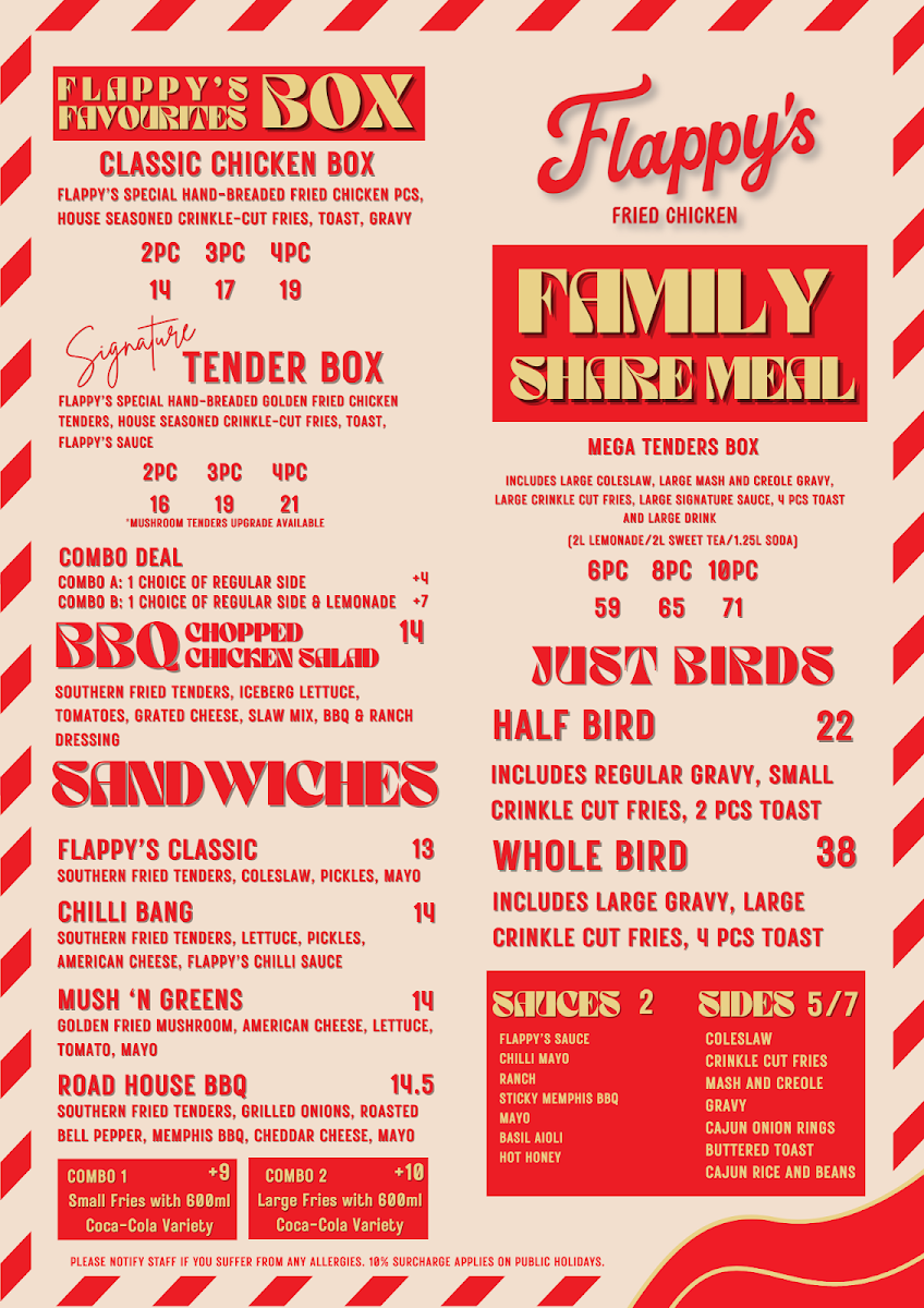 Menu, Flappy’s Fried Chicken Miranda